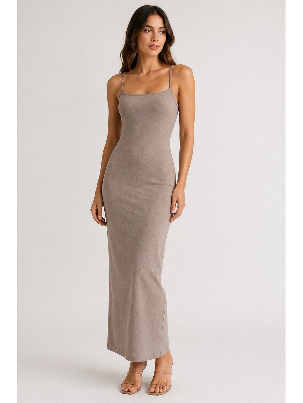 all:row Taupe Knit Strappy Sleeveless Scoop Neck Bodycon Maxi Dress M DM1493